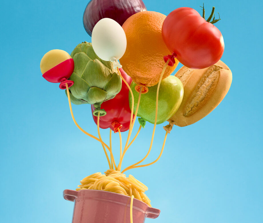 Paloma's art. Food is arranged to look like a hot air balloon in a hyper real way.